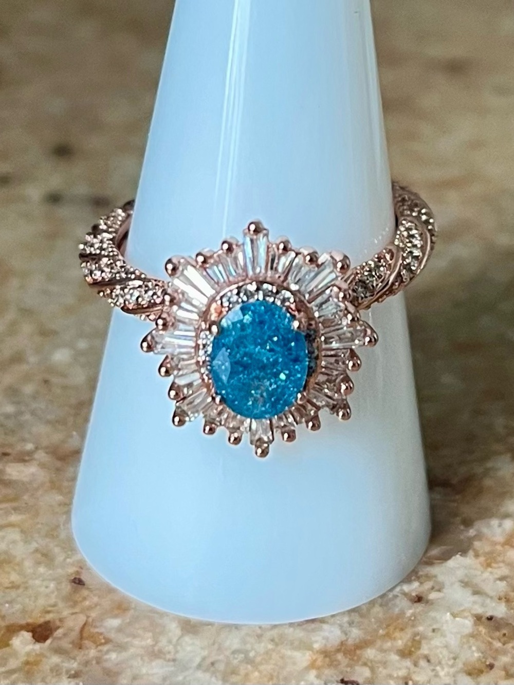 Bomb Party London Blue Ice Crystal on Rose Gold Sz 9 Ring